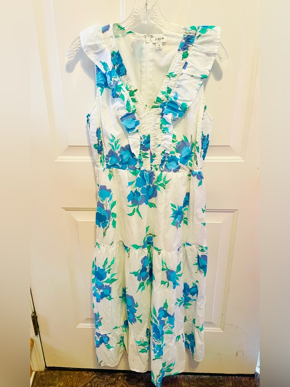 J.Crew White Floral Midi Dress with Ruffle accent